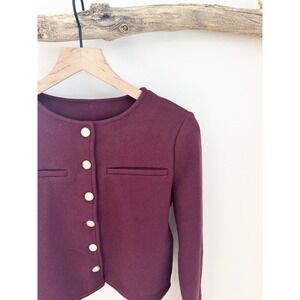 OGL Burgundy Cropped Jacket Gold Button Round Neck Long Sleeve Size M